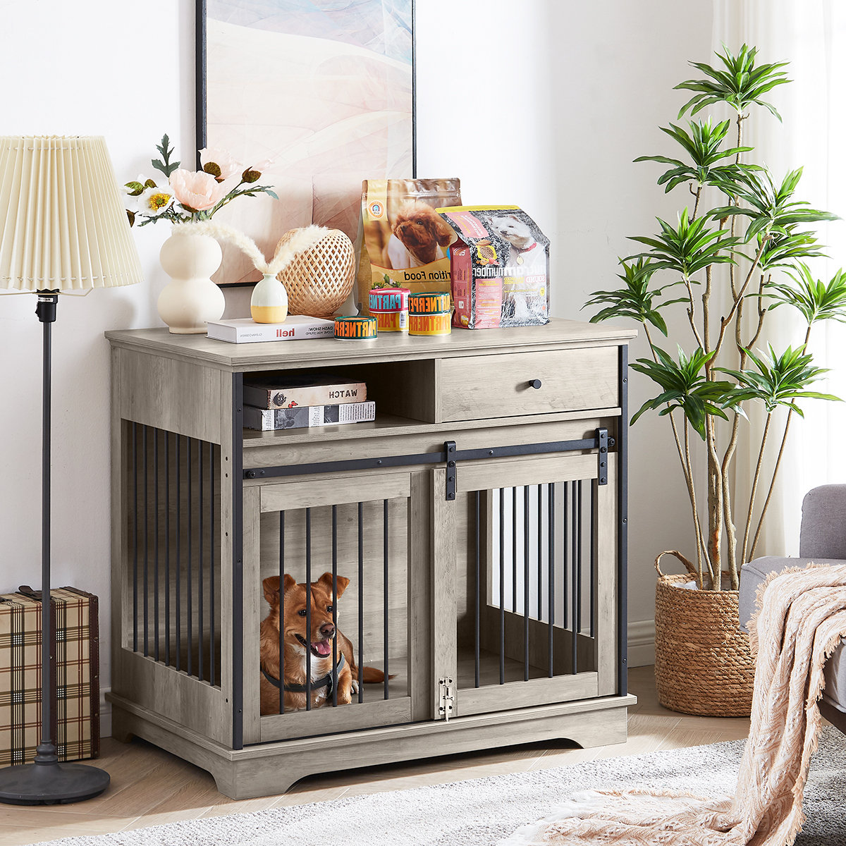 Grey wooden dog crate hotsell